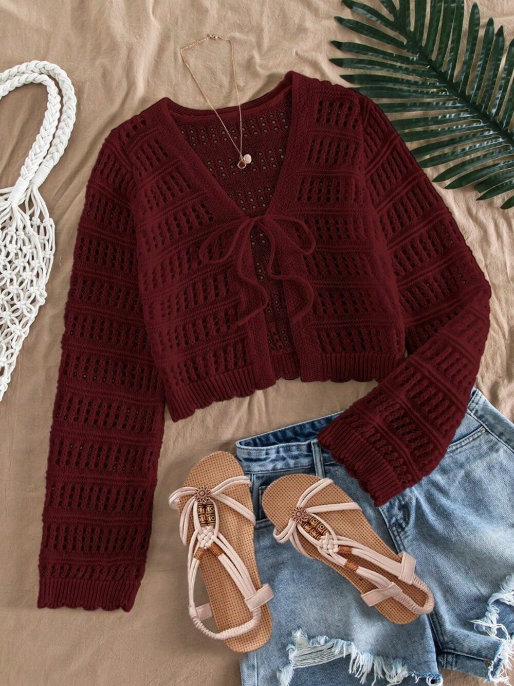 Burgundy Casual Women's V Neck Long Sleeve Loose Fit Crop Knit Cardigan